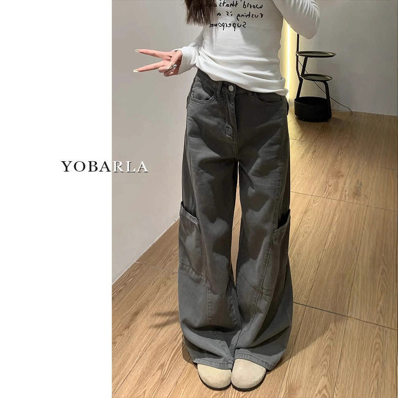 Autumn New Gray Wide-Leg Cargo Pants for Women, Plus-Size Loose Fit for Pear-Shaped Body, Slimming Straight-Leg Jeans