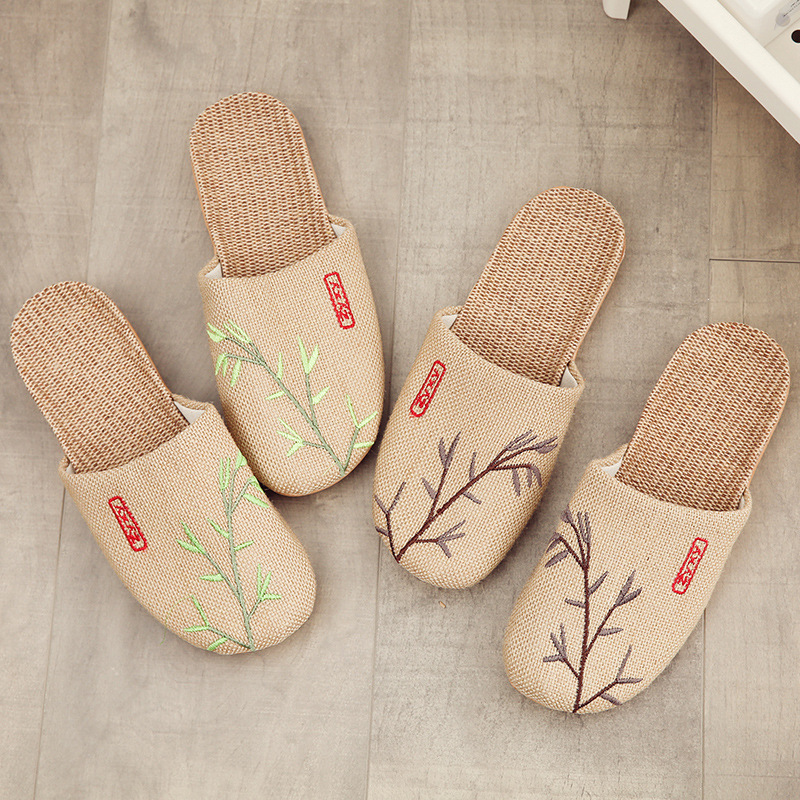 Summer Baotou Embroidered Women's Linen Slippers Home Wood Floor Couple Home Floor Indoor Slippers Men's Wholesale