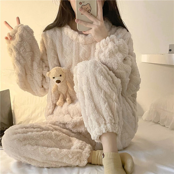 Winter Thickened Pajamas Women's Plush Cute Sweet fleece-lined Warm Puppet Bear Home Clothes Women's Internet Celebrant suit
