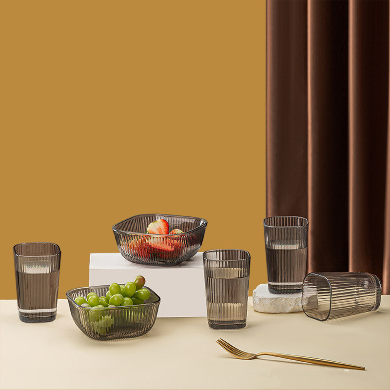 Square Glass Bowl Opening Event Gift Promotion Vertical Grain Glass Bowl Six-piece Set Household Water Cup Dessert Bowl