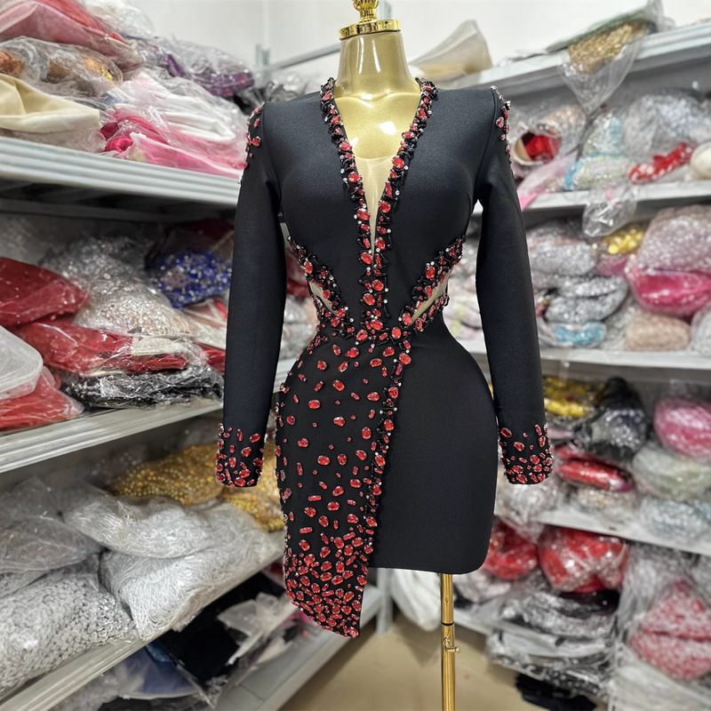 Cross-border women's clothing explosions Amazon Europe and the United States bandage long sleeve dress deep V hollow rhinestone banquet party dress