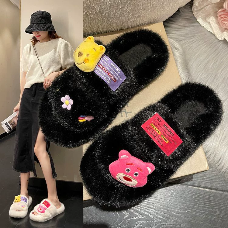 2023 осенне-зимние новые удобные милые хлопковые тапочки-куклы, женские повседневные универсальные пушистые тапочки на плоской подошве