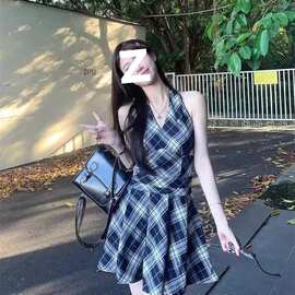 领挂黑白格子系带连衣裙夏季新款法式辣妹收腰显瘦百褶短裙图片色