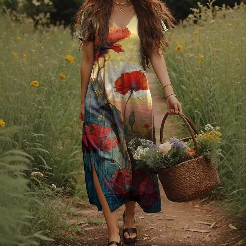 Summer Maxi Dress Casual V Neck Long Sleeve Bohemian Peacock Print Floral Long Dress