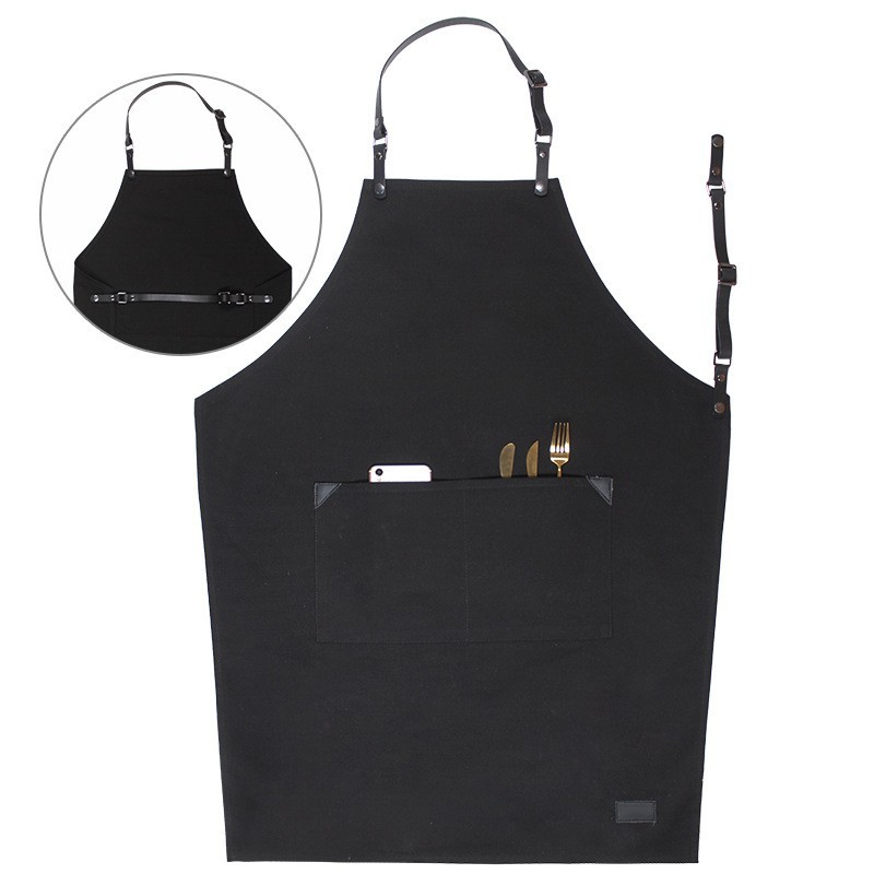 Comercio exterior delantal de lona gruesa peluquería cafetería panadería ropa de trabajo PU cuero correa ajustable delantal al por mayor