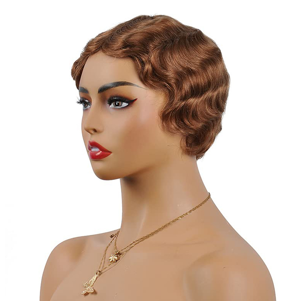 Cheveux humains fabriqués à la machine capuche courte tête de Shanghai rétro ondulé ondulation de l'eau cheveux courts bouclés capuche de cheveux humains_voghion.com