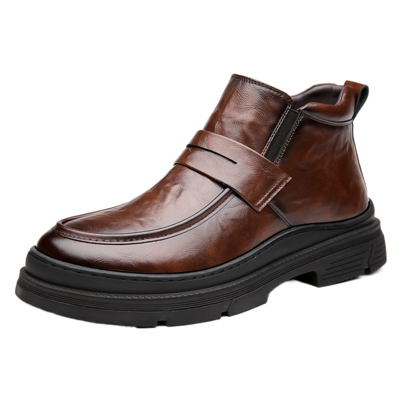 Зимняя кожаная обувь, мужская теплая утолщенная флисовая подкладка, деловая официальная одежда, хлопчатобумажная обувь с большой головкой и толстой подошвой, кожаная обувь с высоким верхом