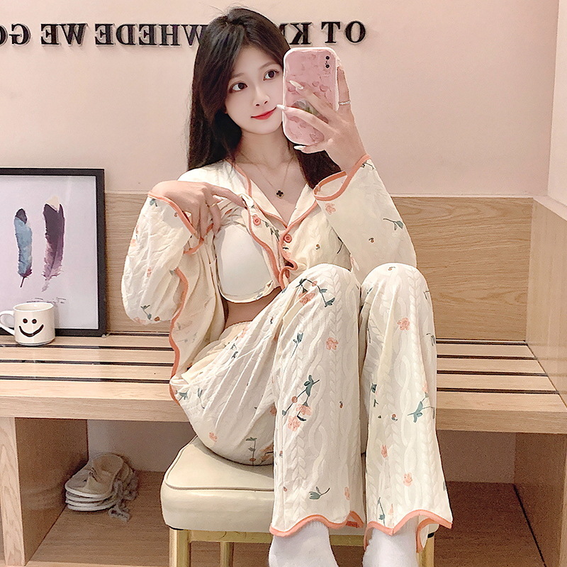 가슴 패드가 달린 INS 스타일 잠옷 여성의 봄과 가을 단색 긴 소매 바지 한국 스타일 느슨한 인터넷 트렌디 한 하이 엔드 스타일 홈 옷