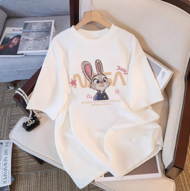 White Short-sleeved T-shirt Women's 2025 Summer New Cartoon European plus size Loose Mid-length Half-sleeved Top Ins Trendy