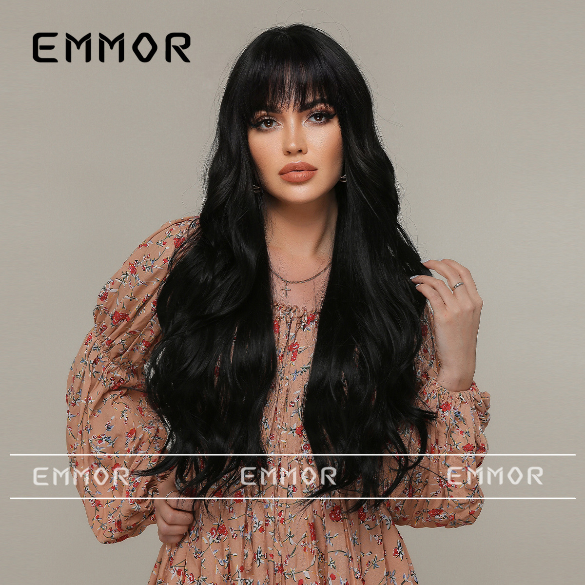 Emmor Amazon transfronterizo estilo europeo y americano nueva Peluca de mujer flequillo marrón largo pelo rizado Peluca de cabeza completa