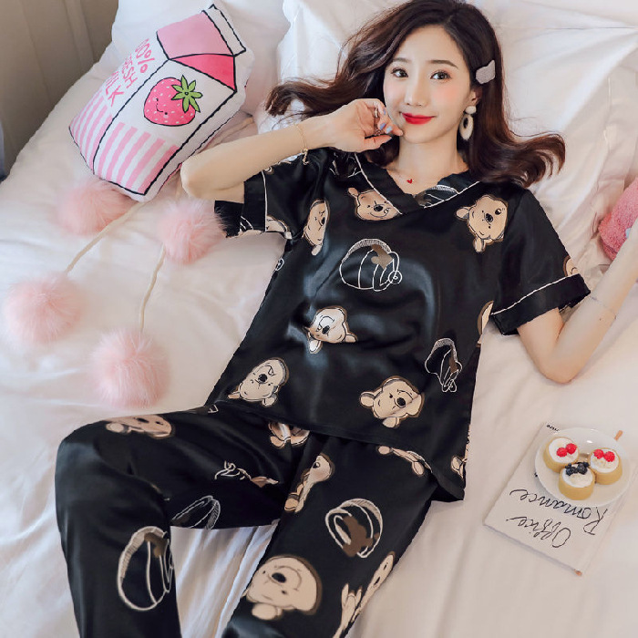 Pijama de seda de hielo para mujeres primavera y otoño corto y largo delgado dulce estilo coreano ropa de seda real dos piezas conjunto