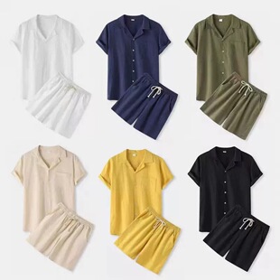 European and American summer cross-border men's cotton solid color fashion lapel short sleeve shirt shorts suit wholesale casual Joker