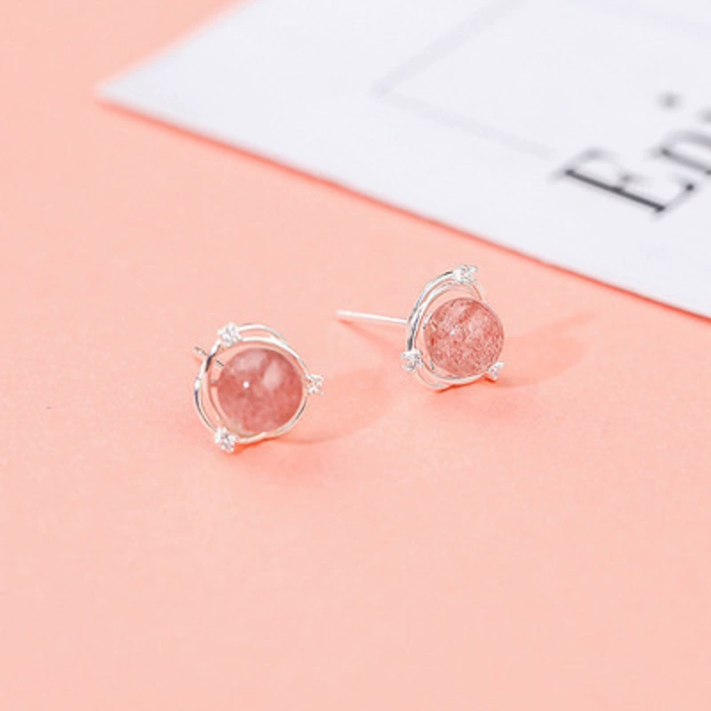 Серьги (Fuchsia) клубничный кристалл 6 мм, натуральный камень, изящная серебристая оправа