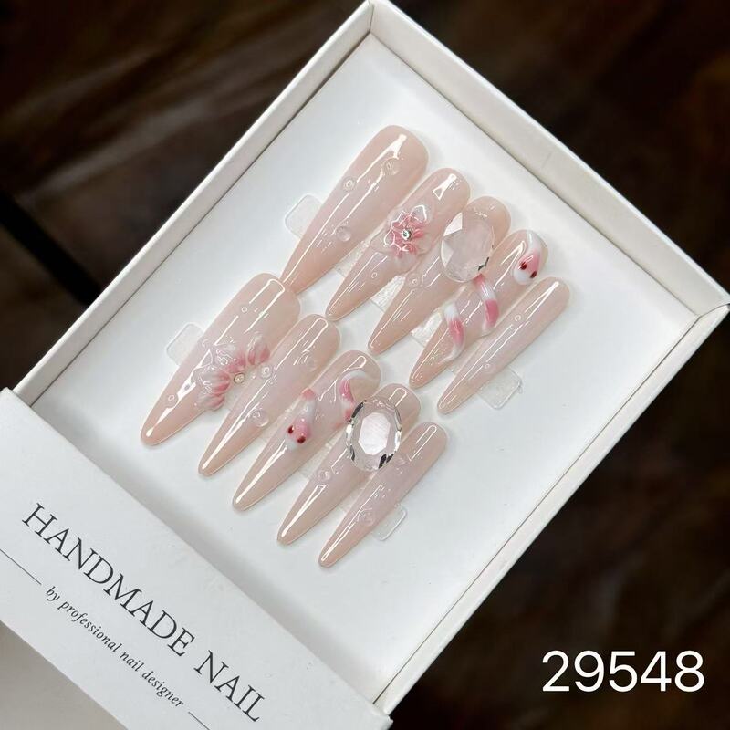 【純手作りのつけ爪29-32】ロングフレンチキャットアイパッチ付け爪、取り外し可能なネイルアートコレクション|undefined