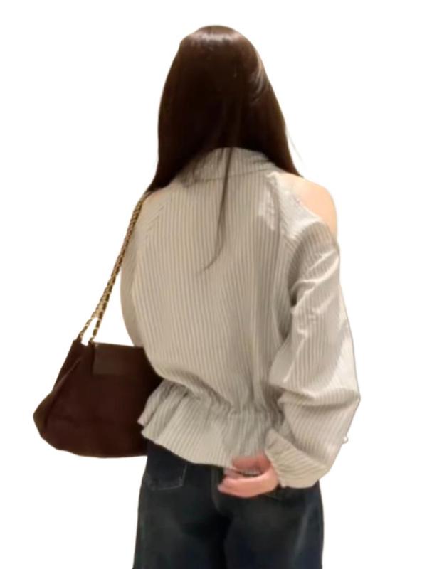 POLO领条纹露肩衬衫女秋季抽绳收腰荷叶边下摆长袖衬衣巨好看上衣|undefined