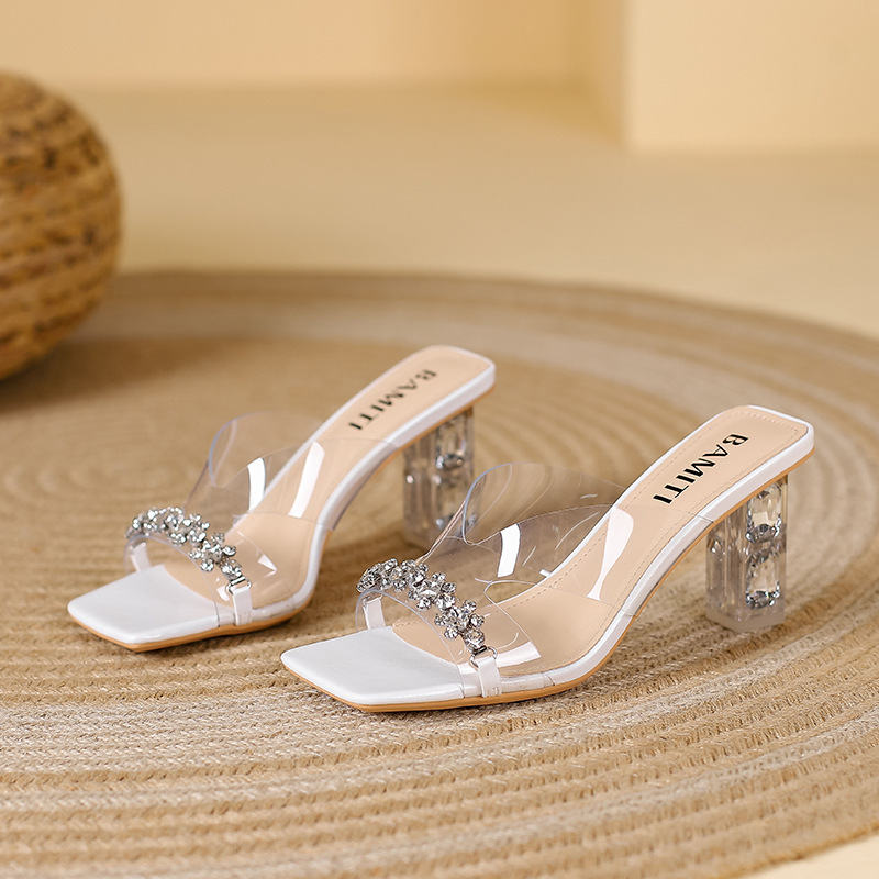 8882-7 Internet Celebrity Style Super Fairy Square Toe Rhinestone Slippers Thick Heel High Heels Outer Sandals