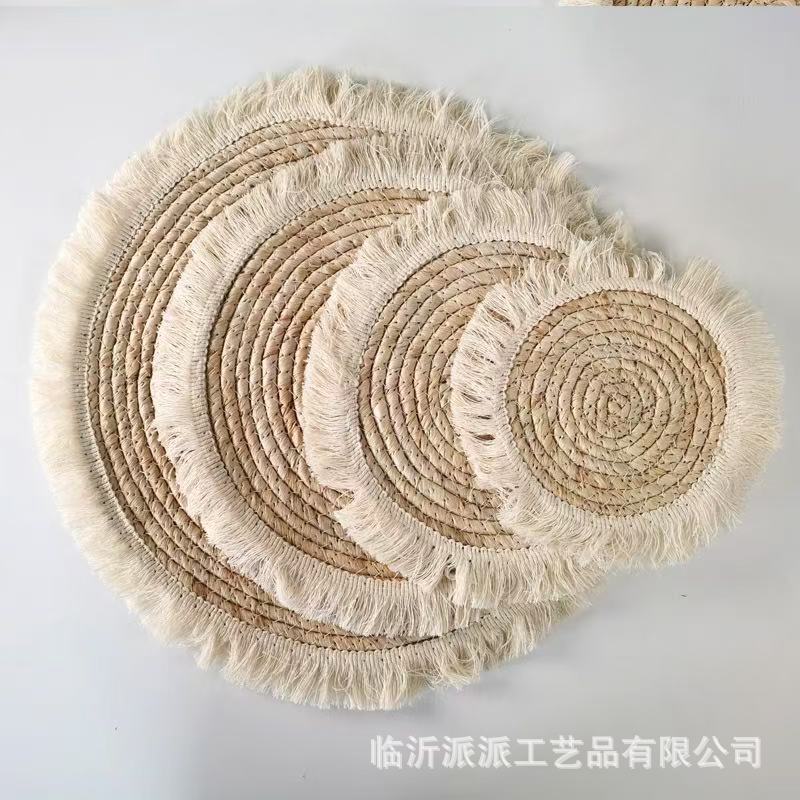 Mesas de comedor ins hechas a mano transfronterizas, manteles individuales de aislamiento térmico a prueba de escaldaduras, manteles de mesa con borlas tejidas, decoración de paredes de aislamiento térmico de paja de maíz