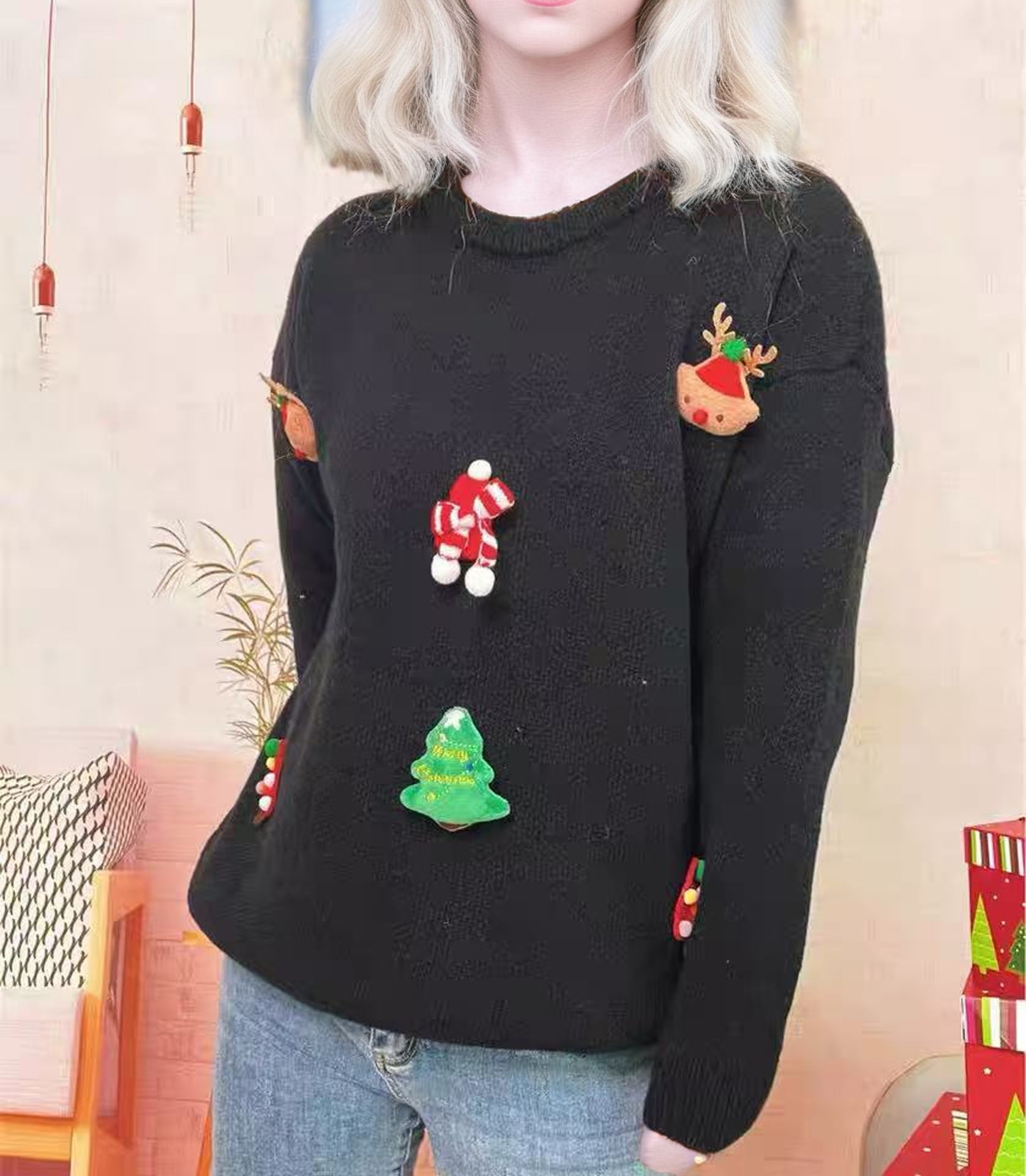 Suéter rojo perezoso para mujeres 2025 Navidad otoño y invierno nueva ropa de mujer casual versátil camiseta de punto de cuello redondo image 8
