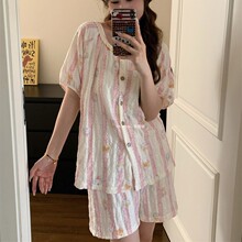 夏日粉色条纹小猫咪睡衣女夏季短袖短裤蕾丝花边套装公主风家居服