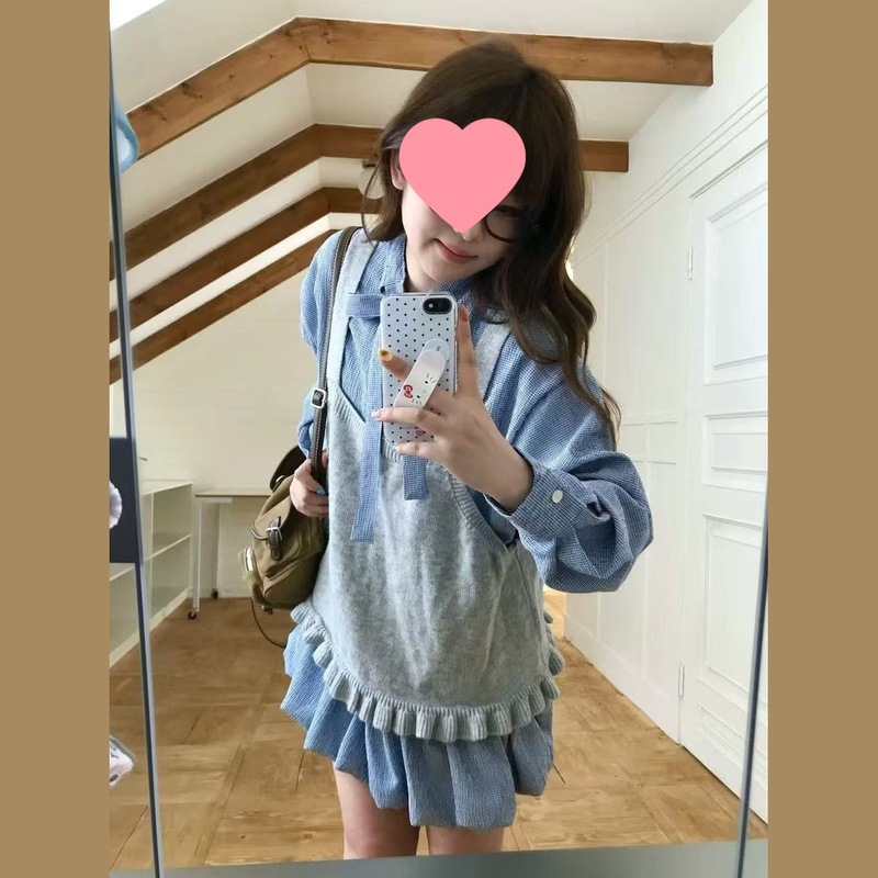 韩系复古格子蝴蝶结系带衬衫裙显瘦花苞裙女背心甜美套装秋季纽扣|undefined