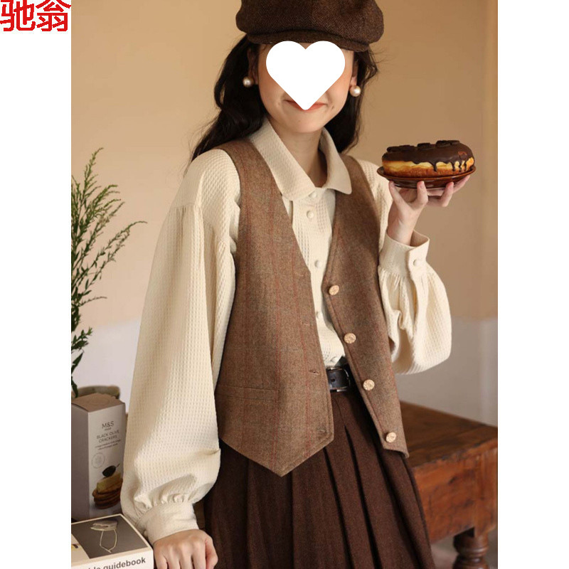 H 8a英倫学院風スーツシャツ女性春と秋の短い格子カジュアルベストベストベストベストベストスカートスーツ|undefined