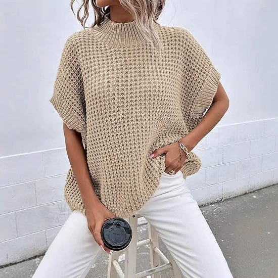 Однотонный толстый вязаный свитер с короткими рукавами и половиной водолазки для женщин Amazon Европейский и американский вязаный пуловер с открытыми плечами Донгуань обработка и индивидуальный заказ