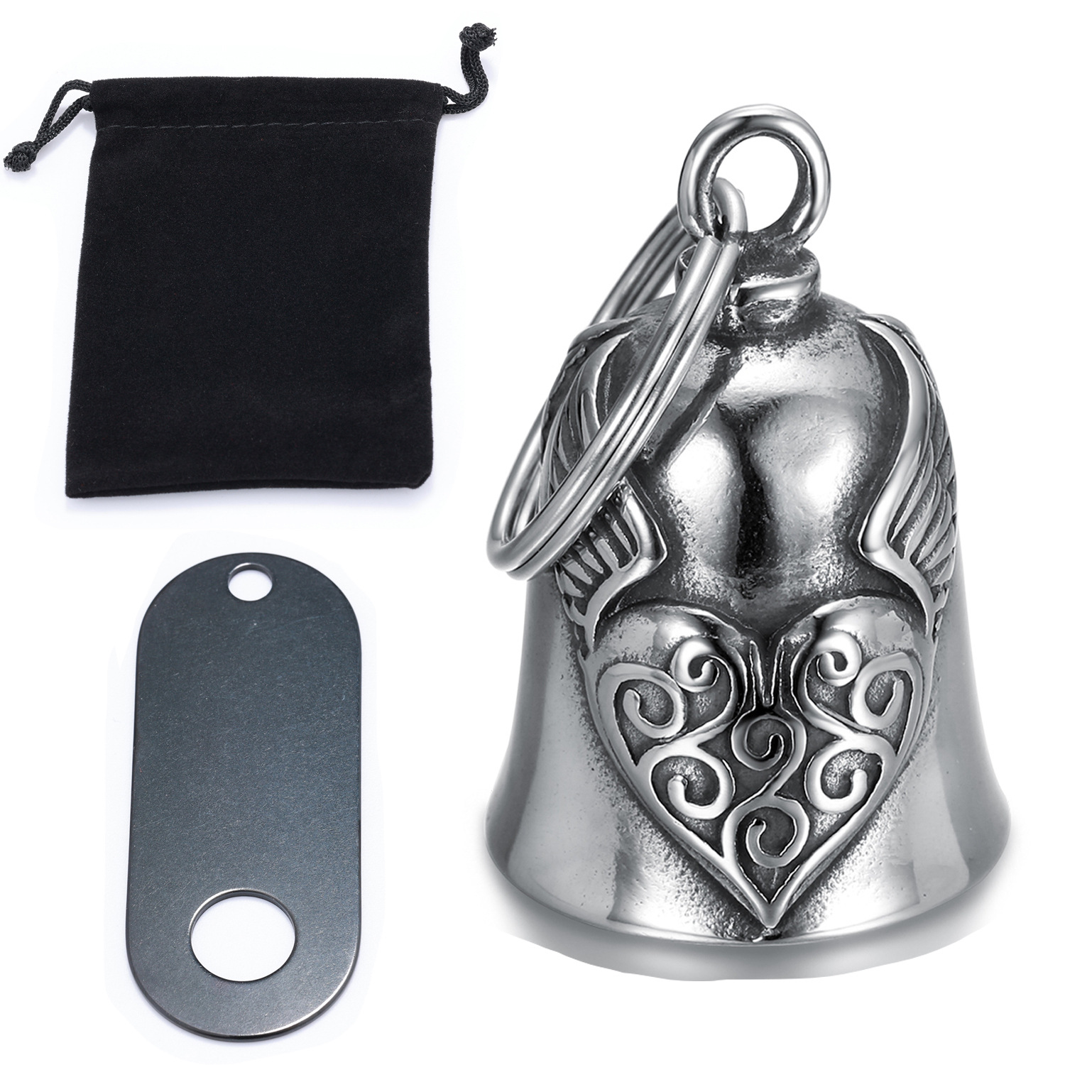 Moto de personalidad europea y americana transfronteriza, santo patrón de la conducción, material de acero inoxidable, alas de amor, campana, negro retro