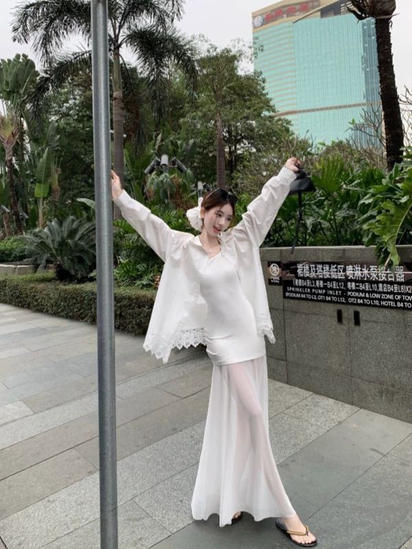 2*2 rayon stitched mesh strap dress design sense slim slim long skirt waist hip A- line skirt fashion