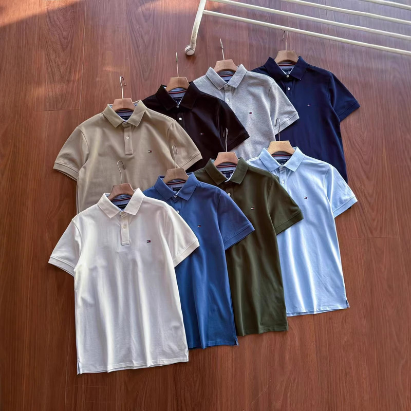 Summer Tommy Men's Business Casual Solid Color Embroidered Lapel Short-Sleeved T-Shirt Polo Shirt
