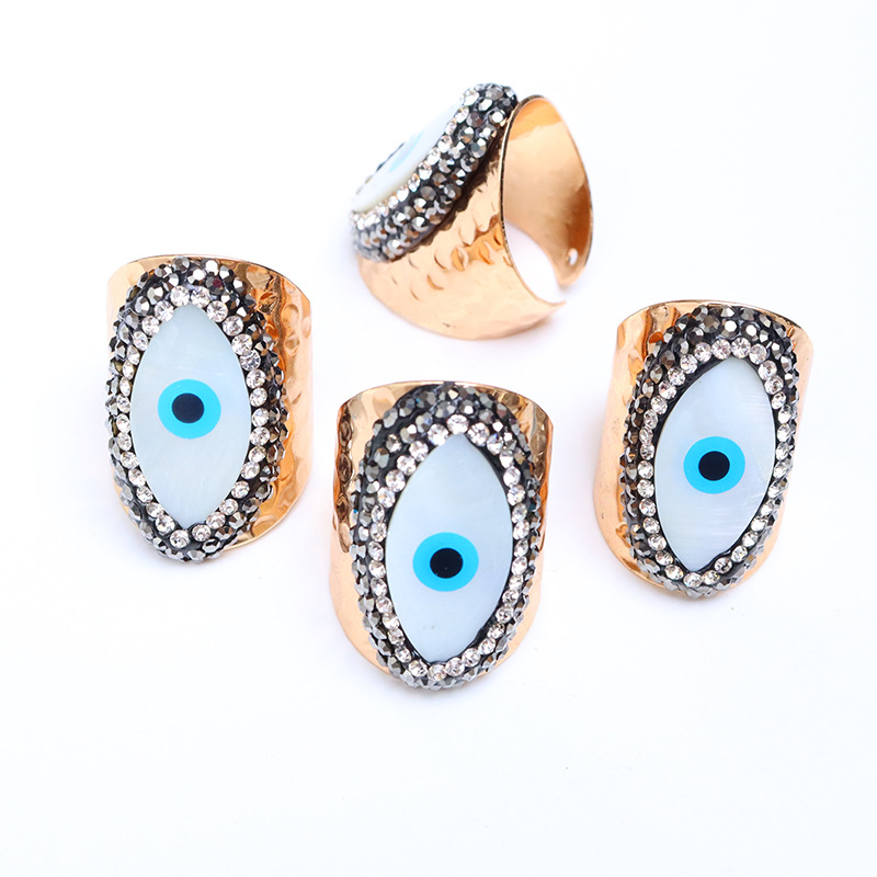 Pentagram, Devil'S Eye Pattern Unisex Gender Inlay Design Retro Streetwear Pentagram Devil's Eye Copper Inlay Natural Stone Shell Open Ring