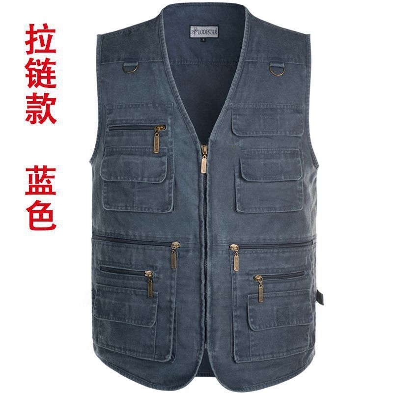 Middle-Aged and Elderly Men's Denim Multi-Pocket Vest, Dad's Outdoor Fishing Photography Thick Vest for Men