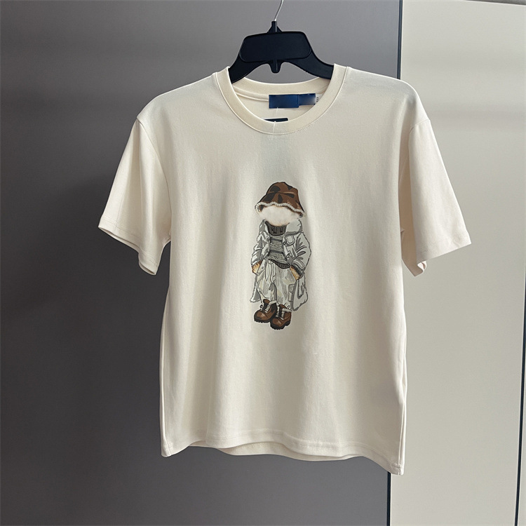 9095女装夏季新品米白色刺绣印花渔夫帽小熊棉质时尚休闲短袖T恤