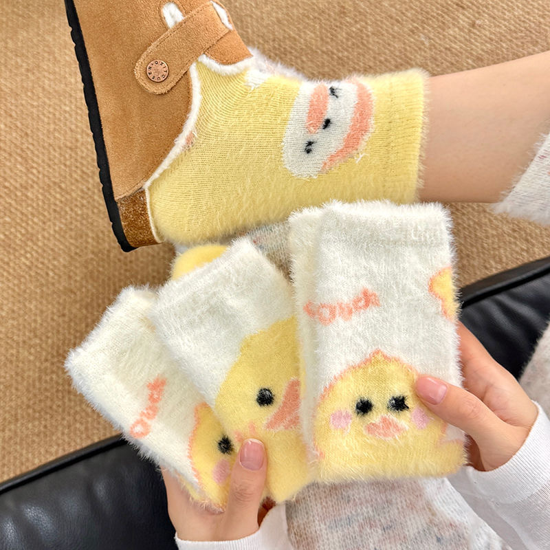 Autumn and Winter Mink Hair Non-Slip Socks Little Yellow Duck Socks Women's Home Snow Socks Thickeneded Warm Plush Floor Socks