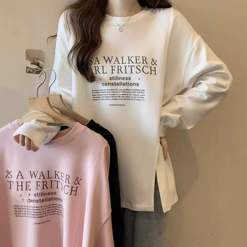 Футболка с разрезом и длинными рукавами, женская толстовка на осень и зиму, новый свободный утягивающий вид, асимметричная рубашка средней длины, топ для женщин