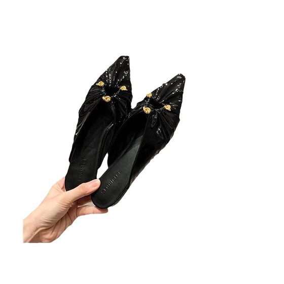 Grape Mom Same Spring New Triangle Buckle Hollow Pointed Pleated Baotou Mueller Half Slippers Women's Genuine Leather
