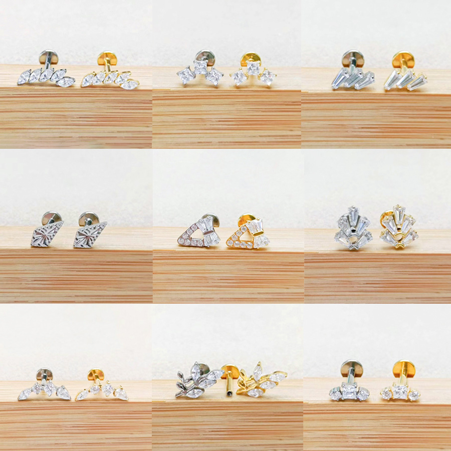 Clou d'oreille/de cartilage en alliage de titane F136, orné d'une fleur en zircon gravée, pour piercing lèvre ou oreille (filetage 0,9 mm). Vente en gros._voghion.com