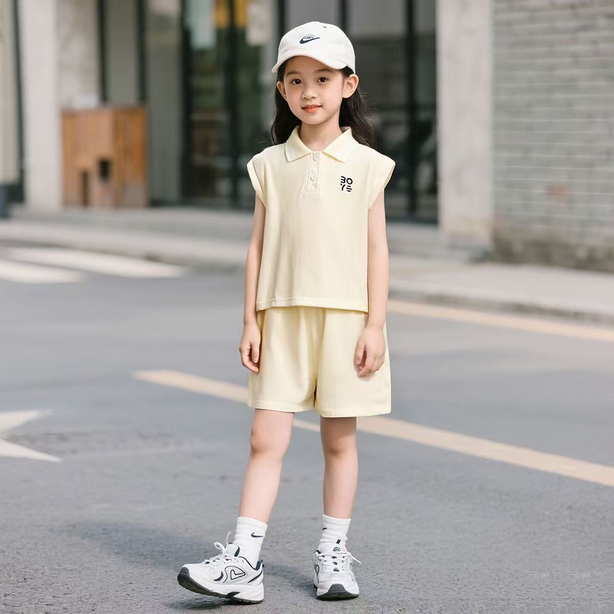 Boys and Girls Preppy Style Polo Shirt Suit Golf Casual Western Style Summer Two-Piece Suit