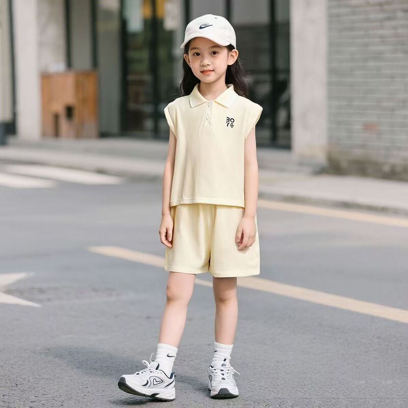 Boys and Girls Preppy Style Polo Shirt Suit Golf Casual Western Style Summer Two-Piece Suit