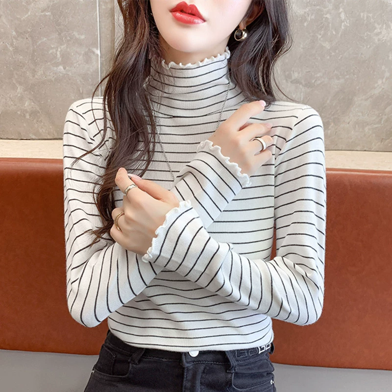 Женский полосатый свитер 2025 года, осенне-зимний, утолщенный, новый стиль, с воротником-стойкой, с длинным рукавом, стильная вязаная базовая кофта