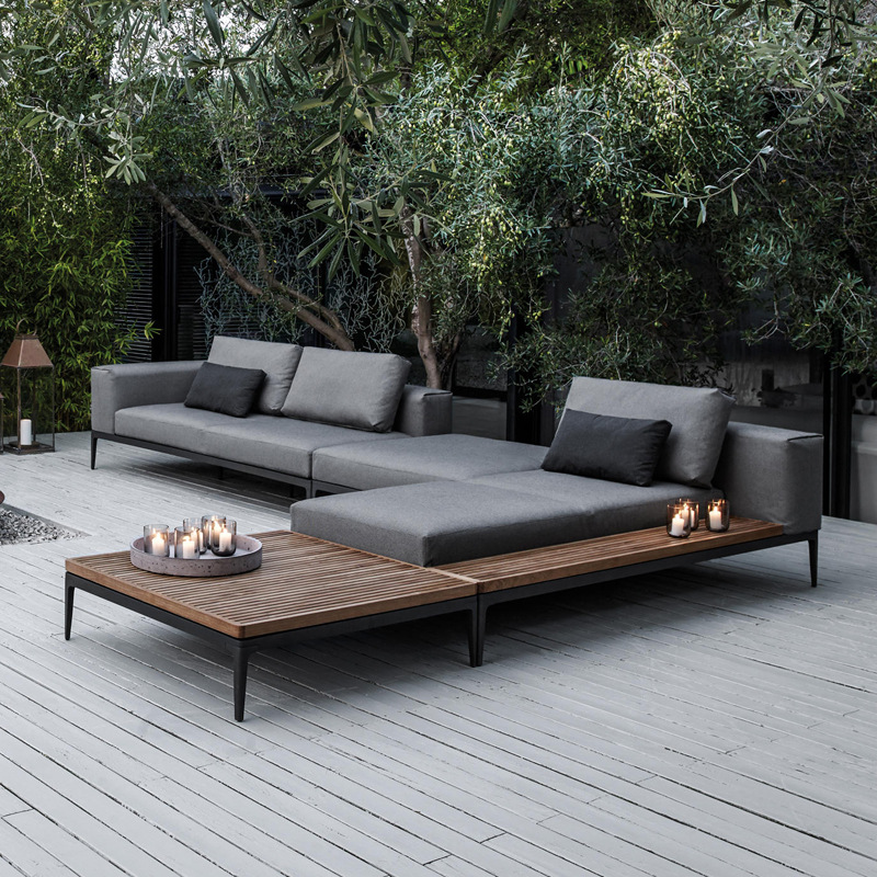 Sofá al aire libre impermeable protección solar patio de villa muebles de teca al aire libre combinación de sofá de esquina de aleación de aluminio moderno