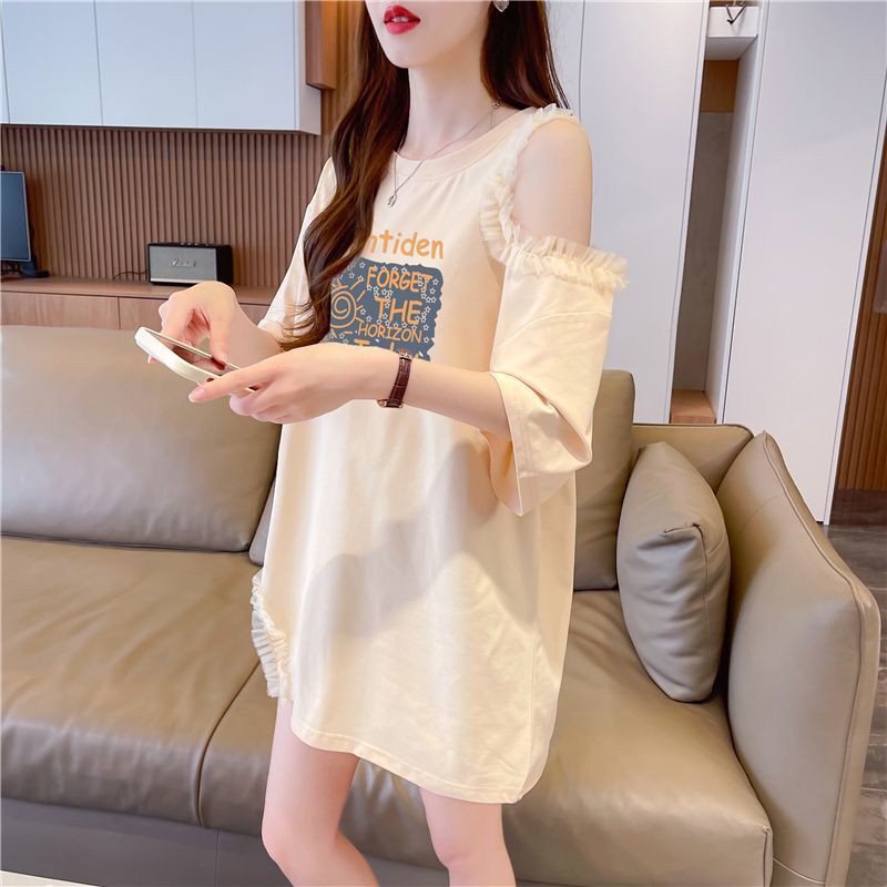 Lace Off-The-Shoulder Patchwork Short-Sleeved Shirt for Women Summer Plus Size Women's Irregular Loose Shirt with Slit Mid-Length Top