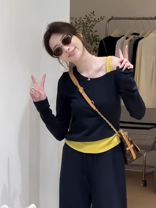 时尚休闲套装裙女2025秋季新款洋减龄假两件套头卫衣阔腿裤两件套|undefined