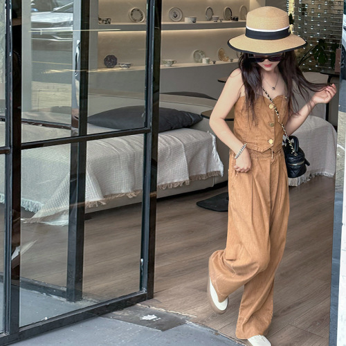 Korean children's clothing girls denim set 2024 summer outfit for girls tank top vest straight pants two-piece set stylish