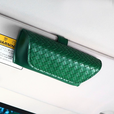 Car Glasses Case Sun Visor Woven Leather Sunglasses Clip Convenient Sunglasses Hanging Glasses Case New Glasses Clip (Car Glasses Clip/Bill Clip) - woven-pattern-glasses-case-green