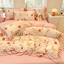 新款A类韩版花边牛奶绒四件套宝宝绒学生宿舍加厚保暖三件套批发