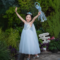 夏の女の子のプリンセスドレス新しい子供のヘビーデューティアナと雪の女王スパンコール発光ベストメッシュマントドレス