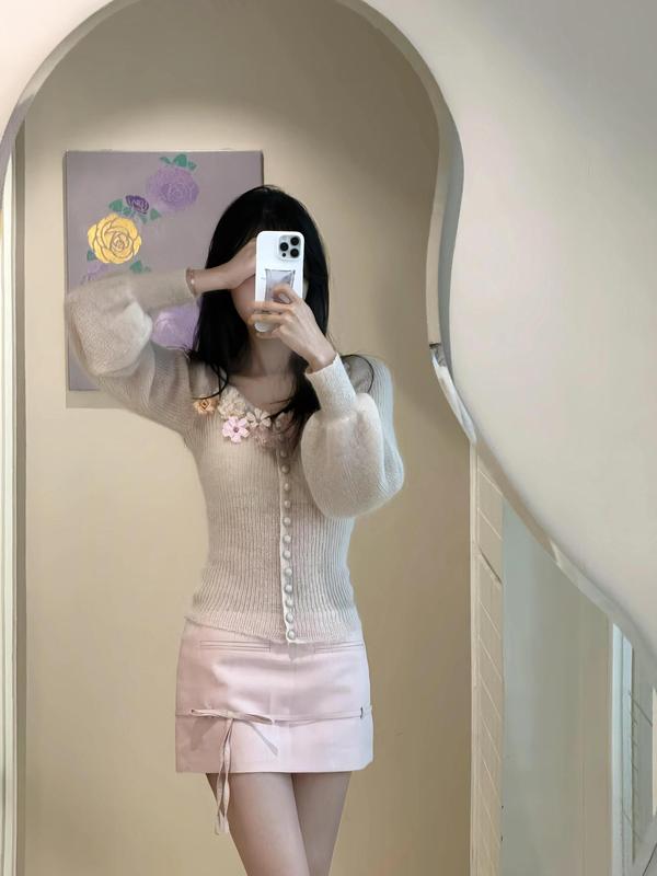 法式甜美温柔手工订花针织开衫女春秋外搭高级感气质绝美毛衣上衣|undefined