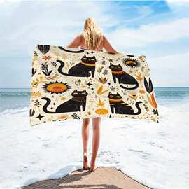 跨境卡通黑猫和树叶印花沙滩巾海边游泳浴巾健身运动毛巾厂家直销