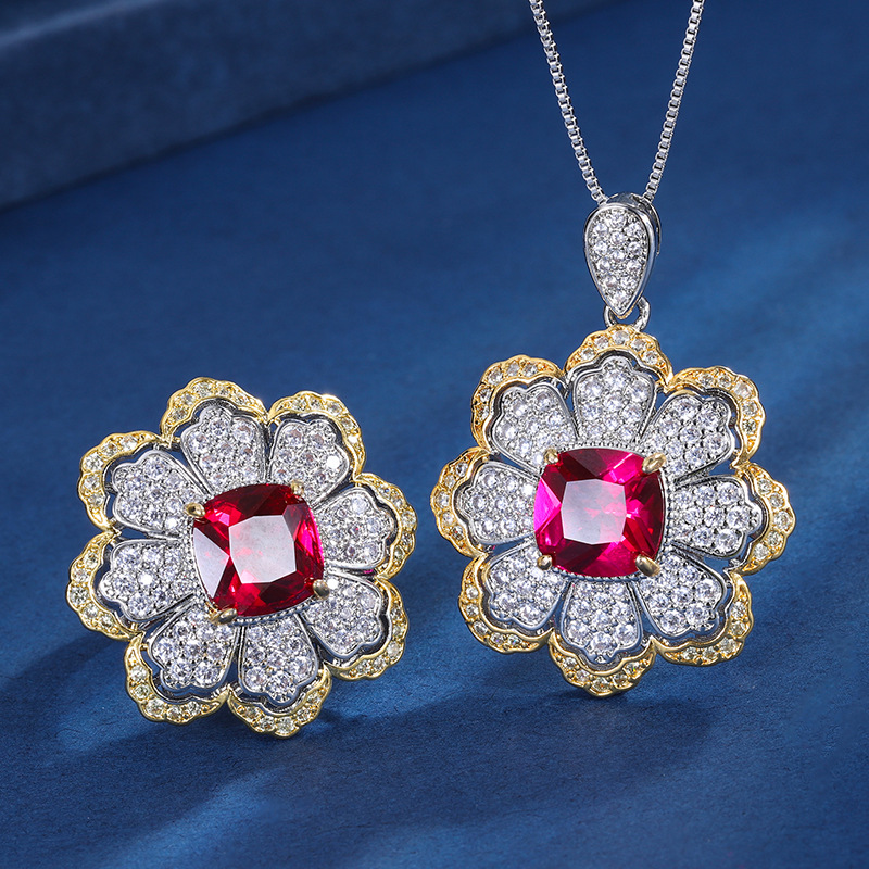 Zhuang Sheng joyería fondo de cobre chapado en oro simulación color tesoro rojo corindón en forma de flor creativa completa diamante traje de las mujeres 10*10