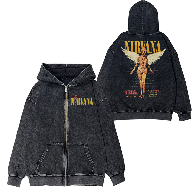 Heavy Thickened Nirvana Band Rock Nirvana Retro Antique Washed Cardigan Chain Hooded Sweater Jacket Heavy Thickened Nirvana Band Rock Nirvana Retro Antique Washed Cardigan Chain Hooded Sweater Jacket